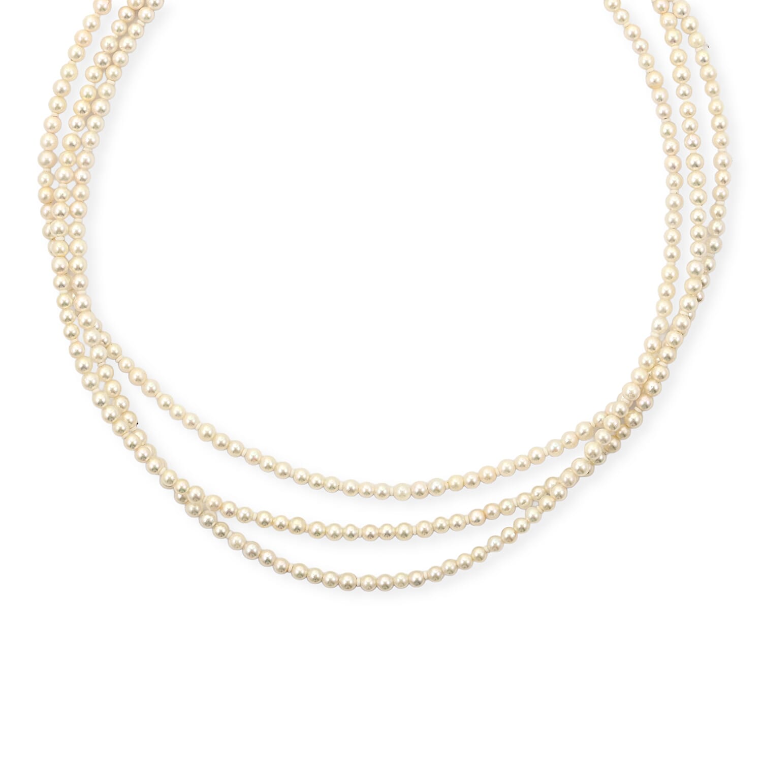 Japanese Akoya Pearl Three Row Necklace in Sterling Silver 15 Inches