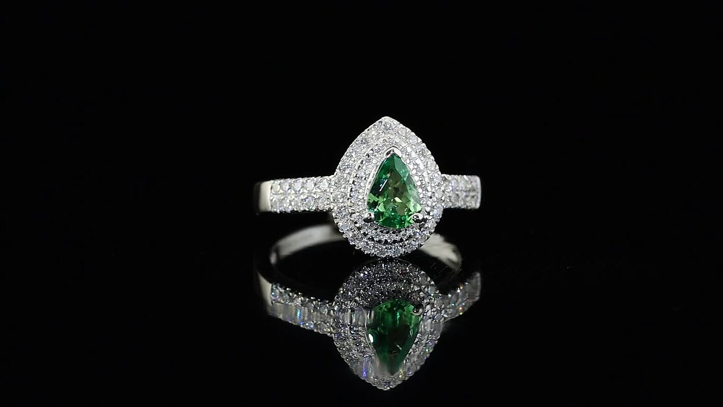 D''Joy Premium Tsavorite Garnet, Moissanite Ring in Rhodium Over Sterling Silver (Size 10.0) 1.10 ctw