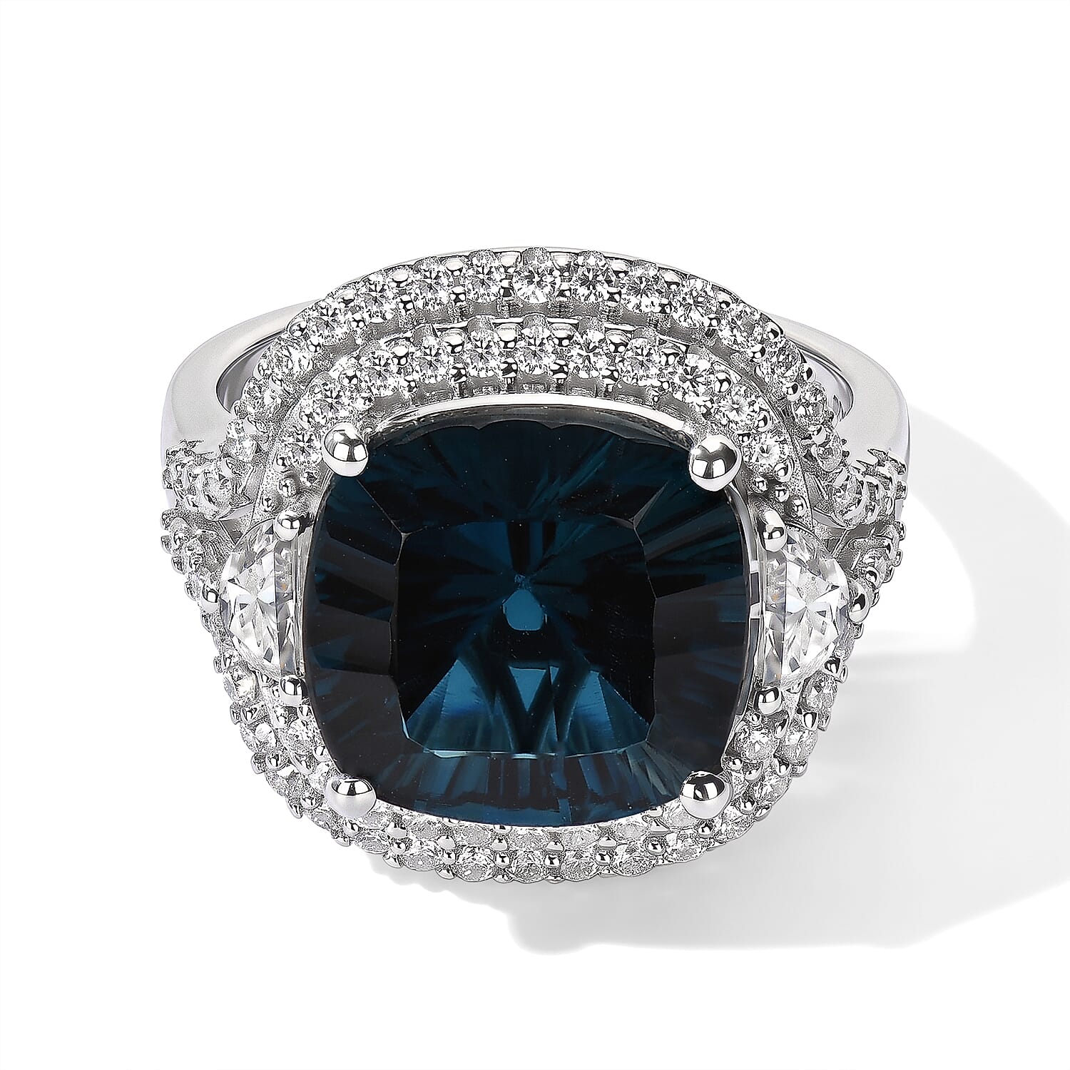 Certified and Appraised D'Joy Premium Concave Cut London Blue Topaz and Moissanite 11.90 ctw Ring in Rhodium Over Sterling Silver (Size 10.0)