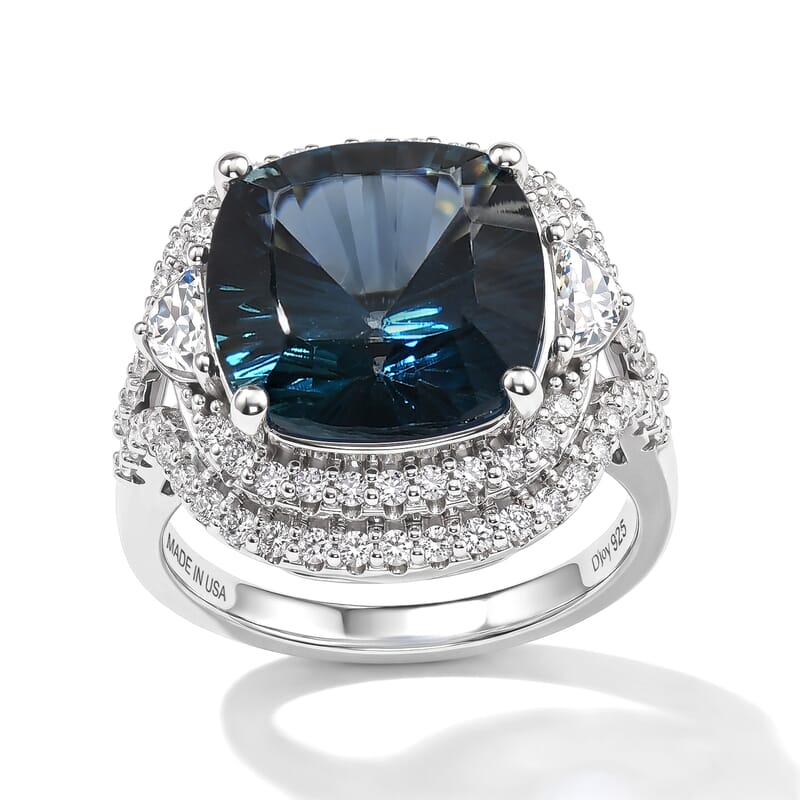 Certified and Appraised D'Joy Premium Concave Cut London Blue Topaz and Moissanite 11.90 ctw Ring in Rhodium Over Sterling Silver (Size 10.0)