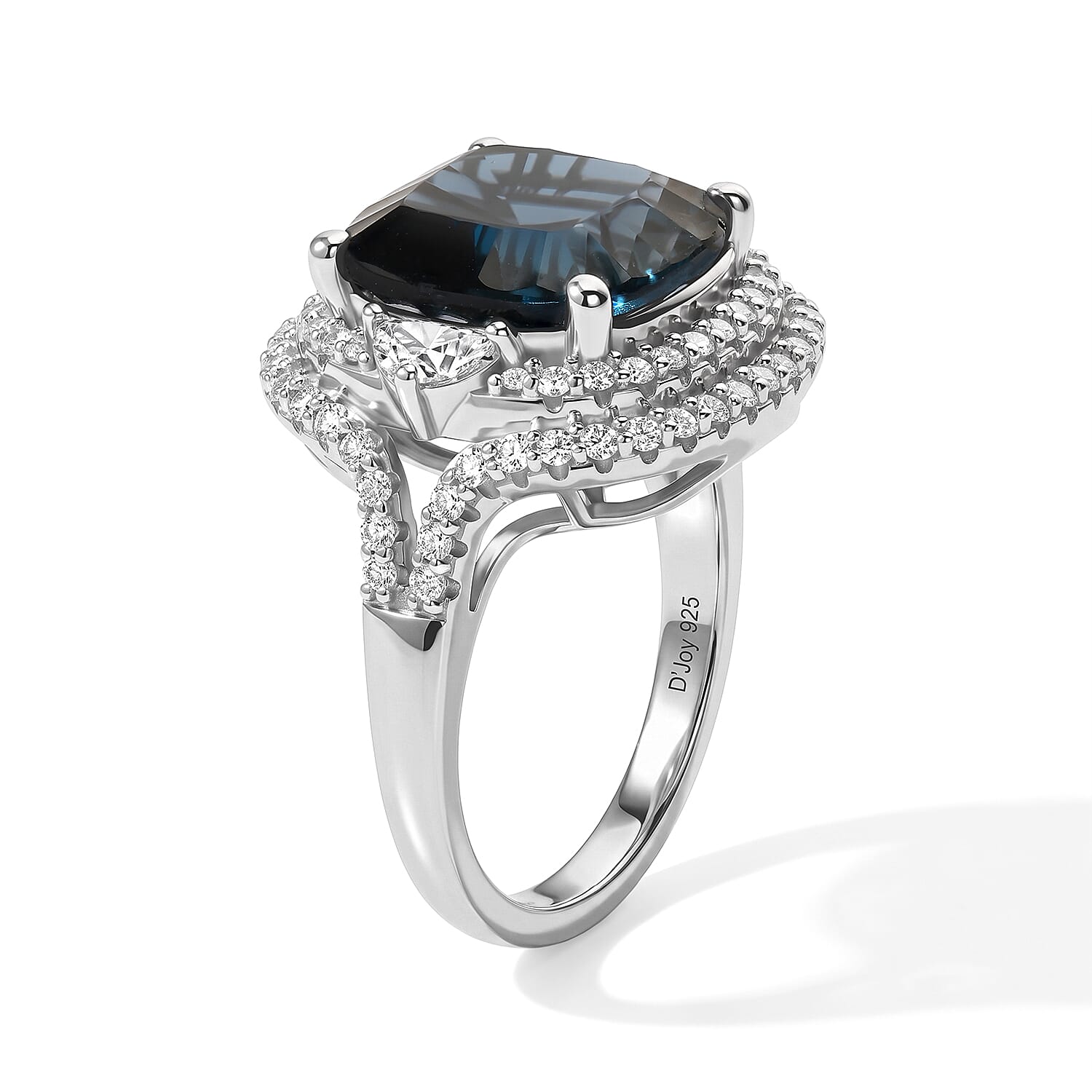 Certified and Appraised D'Joy Premium Concave Cut London Blue Topaz and Moissanite 11.90 ctw Ring in Rhodium Over Sterling Silver (Size 10.0)