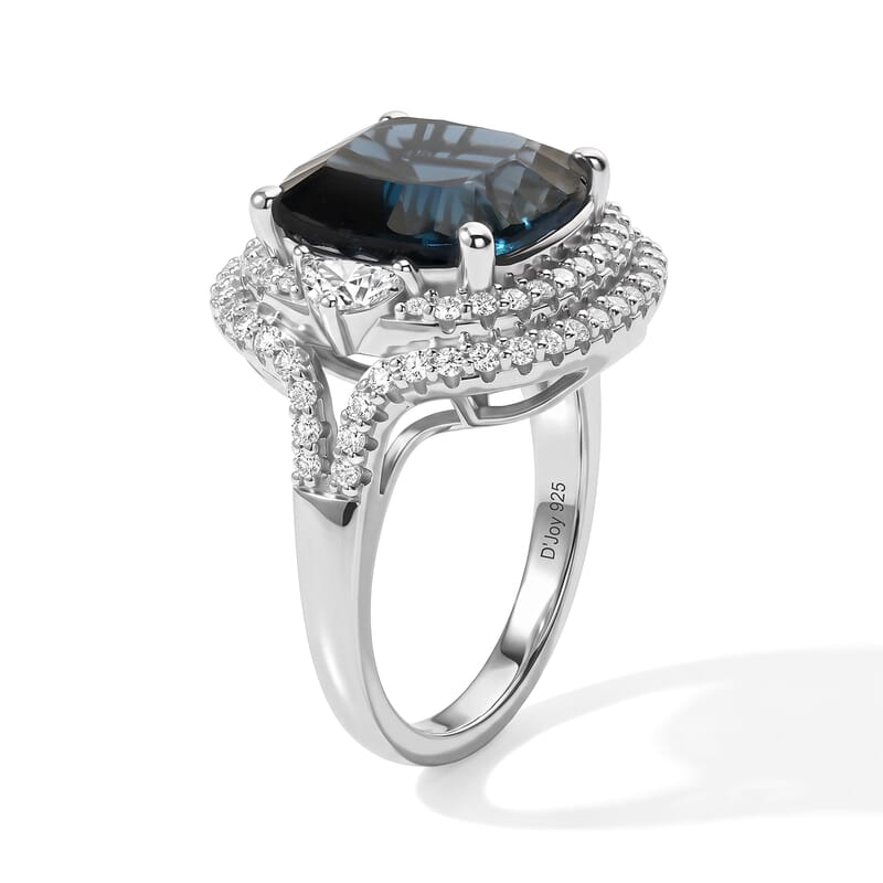 Certified and Appraised D'Joy Premium Concave Cut London Blue Topaz and Moissanite 11.90 ctw Ring in Rhodium Over Sterling Silver (Size 10.0)