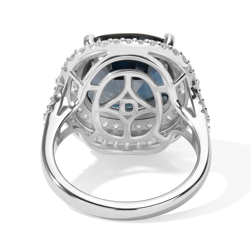 Certified and Appraised D'Joy Premium Concave Cut London Blue Topaz and Moissanite 11.90 ctw Ring in Rhodium Over Sterling Silver (Size 10.0)