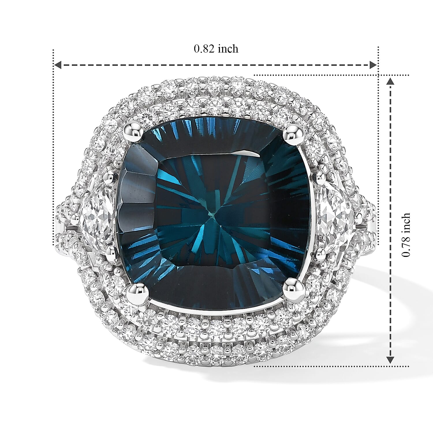 Certified and Appraised D'Joy Premium Concave Cut London Blue Topaz and Moissanite 11.90 ctw Ring in Rhodium Over Sterling Silver (Size 10.0)