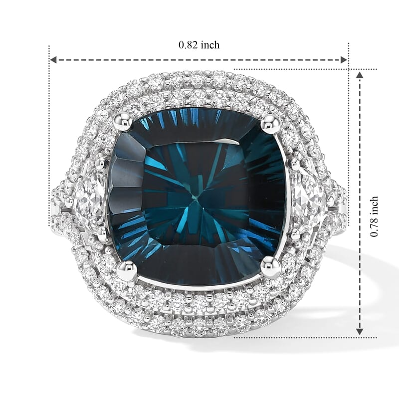 Certified and Appraised D'Joy Premium Concave Cut London Blue Topaz and Moissanite 11.90 ctw Ring in Rhodium Over Sterling Silver (Size 10.0)