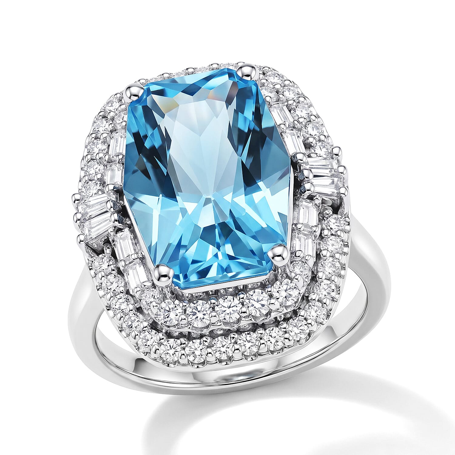 Certified and Appraised D'Joy Premium Swiss Blue Topaz and Moissanite 7.40 ctw Ring in Rhodium Over Sterling Silver (Size 6.0)
