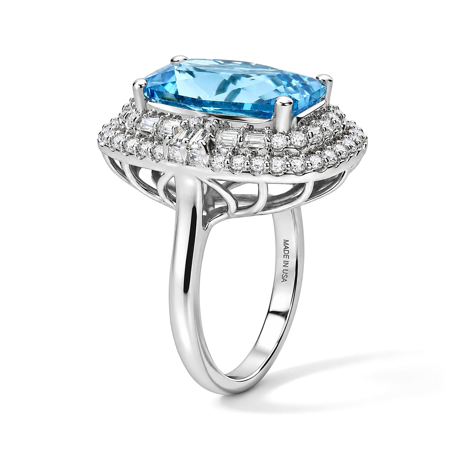 Certified and Appraised D'Joy Premium Swiss Blue Topaz and Moissanite 7.40 ctw Ring in Rhodium Over Sterling Silver (Size 6.0)