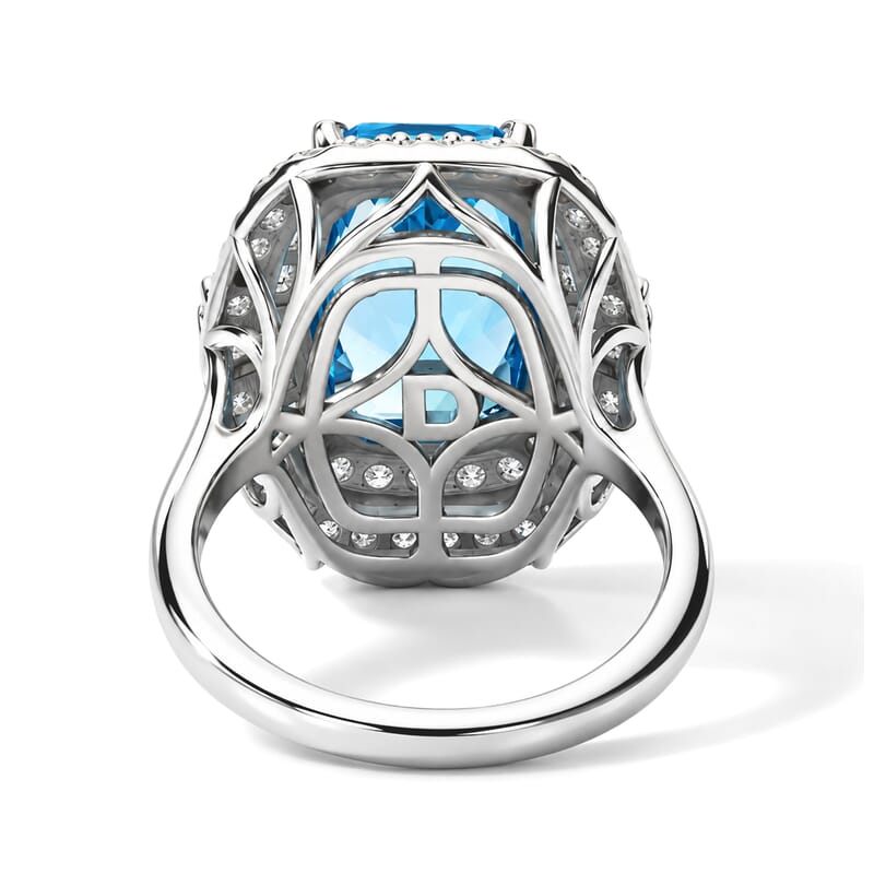 Certified and Appraised D'Joy Premium Swiss Blue Topaz and Moissanite 7.40 ctw Ring in Rhodium Over Sterling Silver (Size 6.0)