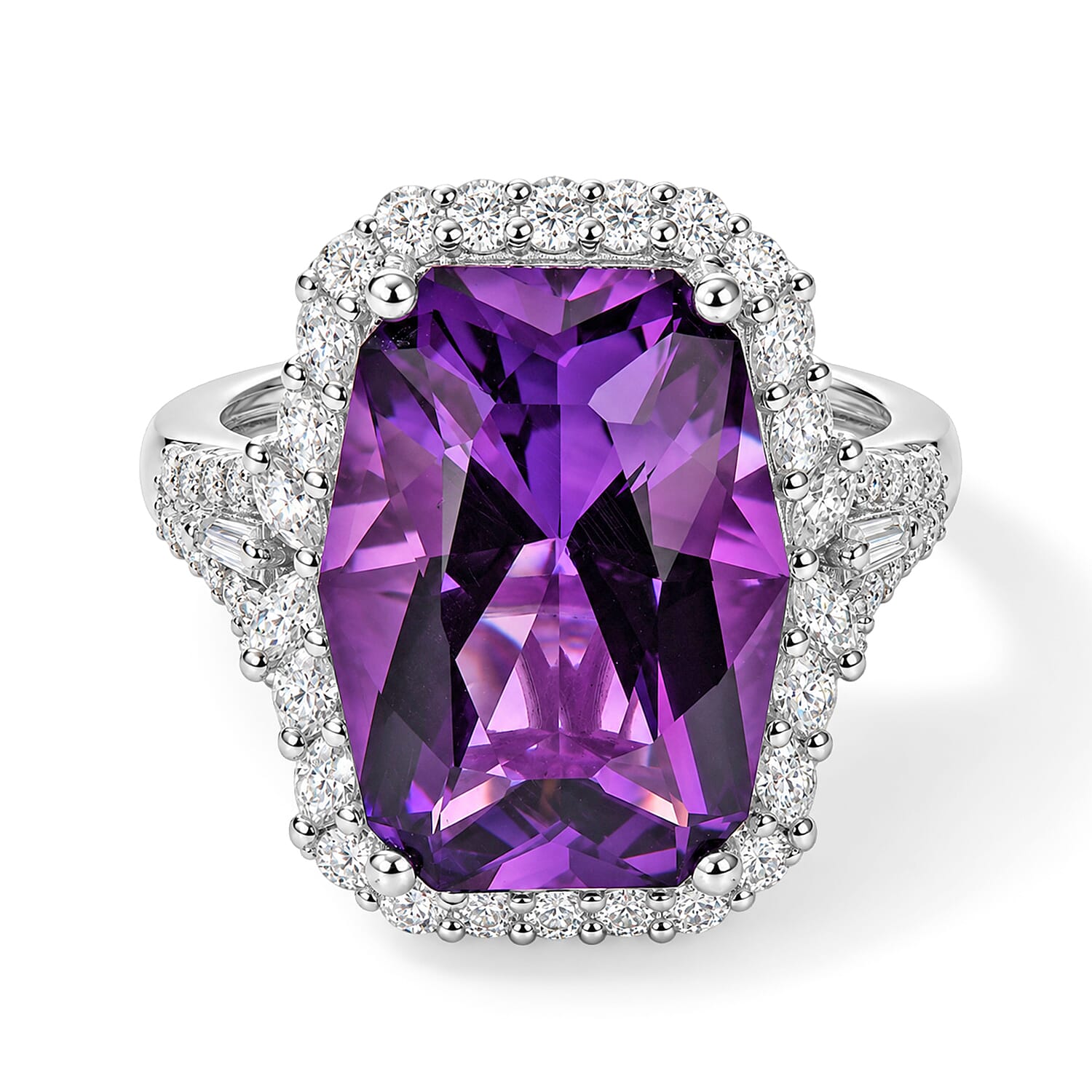 Certified & Appraised D'Joy Princess Cut Premium African Amethyst and Moissanite 9.25 ctw Ring in Rhodium Over Sterling Silver (Size 6.0)
