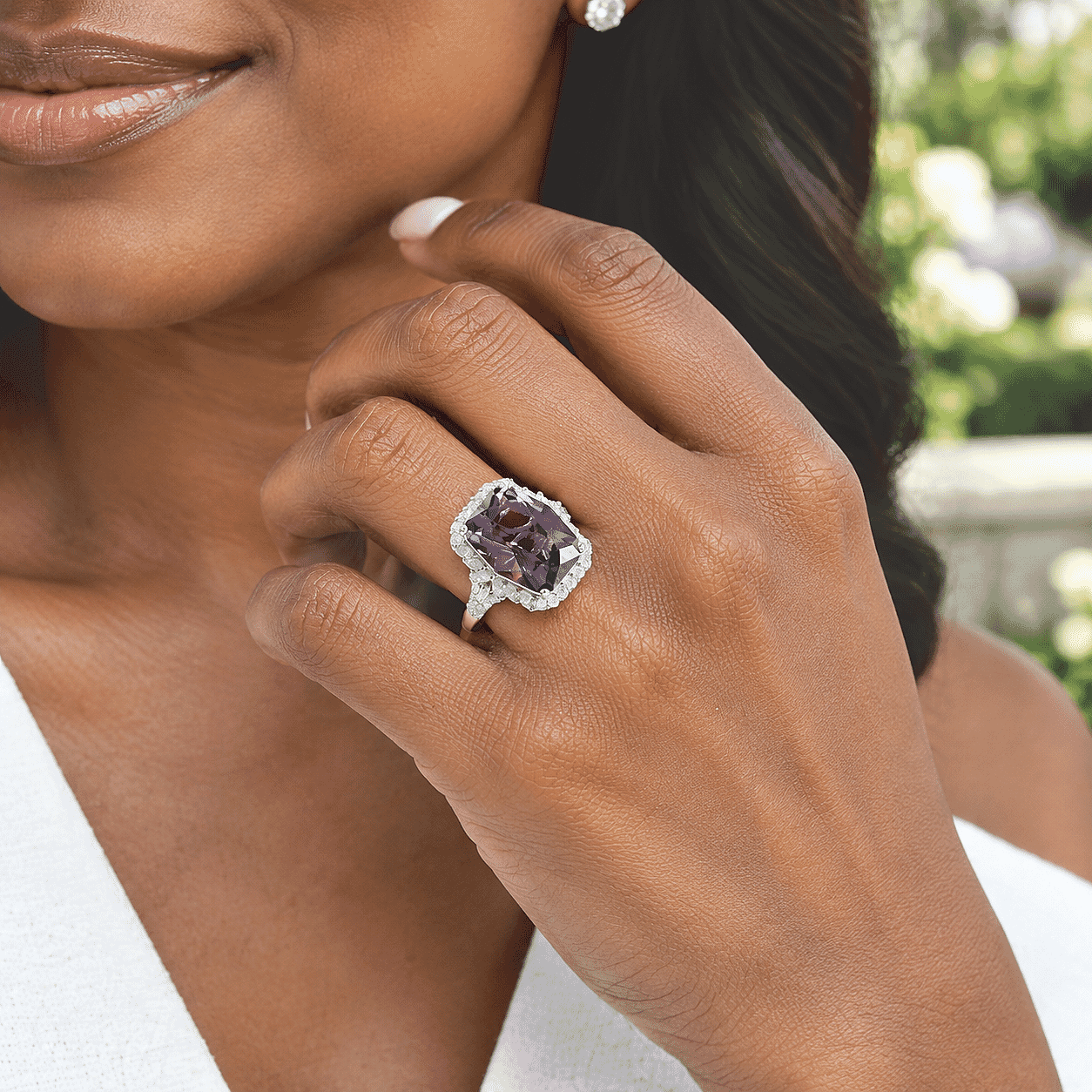 Certified & Appraised D'Joy Princess Cut Premium African Amethyst and Moissanite 9.25 ctw Ring in Rhodium Over Sterling Silver (Size 6.0)