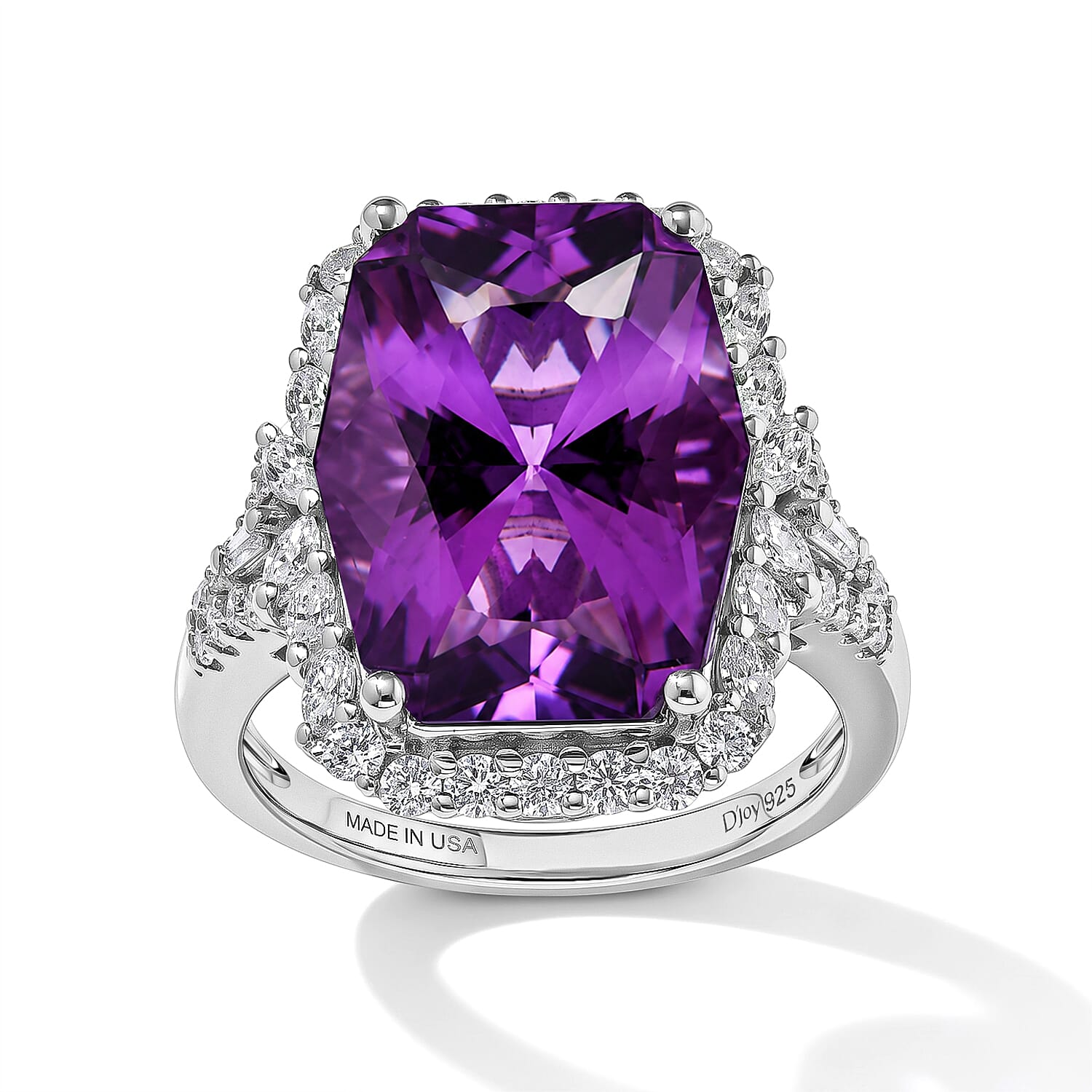 Certified & Appraised D'Joy Princess Cut Premium African Amethyst and Moissanite 9.25 ctw Ring in Rhodium Over Sterling Silver (Size 6.0)