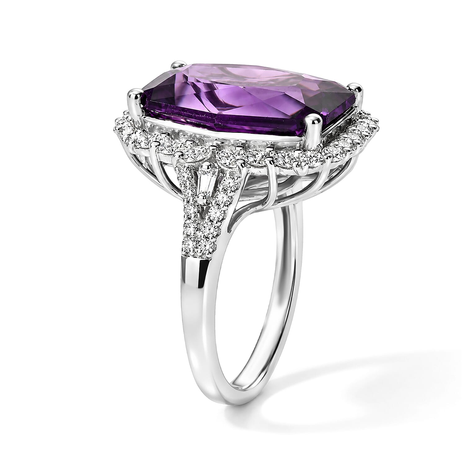 Certified & Appraised D'Joy Princess Cut Premium African Amethyst and Moissanite 9.25 ctw Ring in Rhodium Over Sterling Silver (Size 6.0)