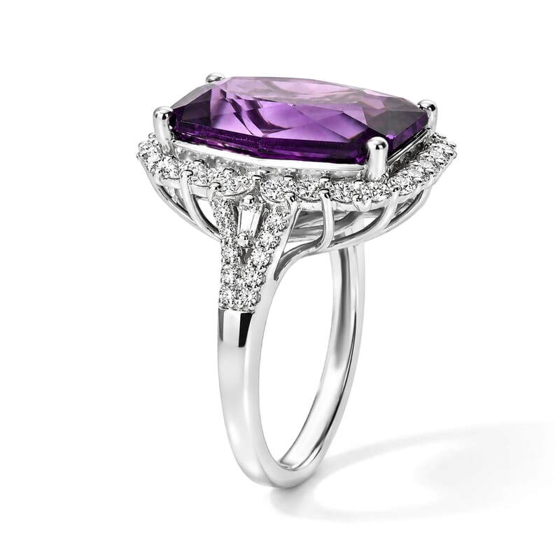 Certified & Appraised D'Joy Princess Cut Premium African Amethyst and Moissanite 9.25 ctw Ring in Rhodium Over Sterling Silver (Size 6.0)
