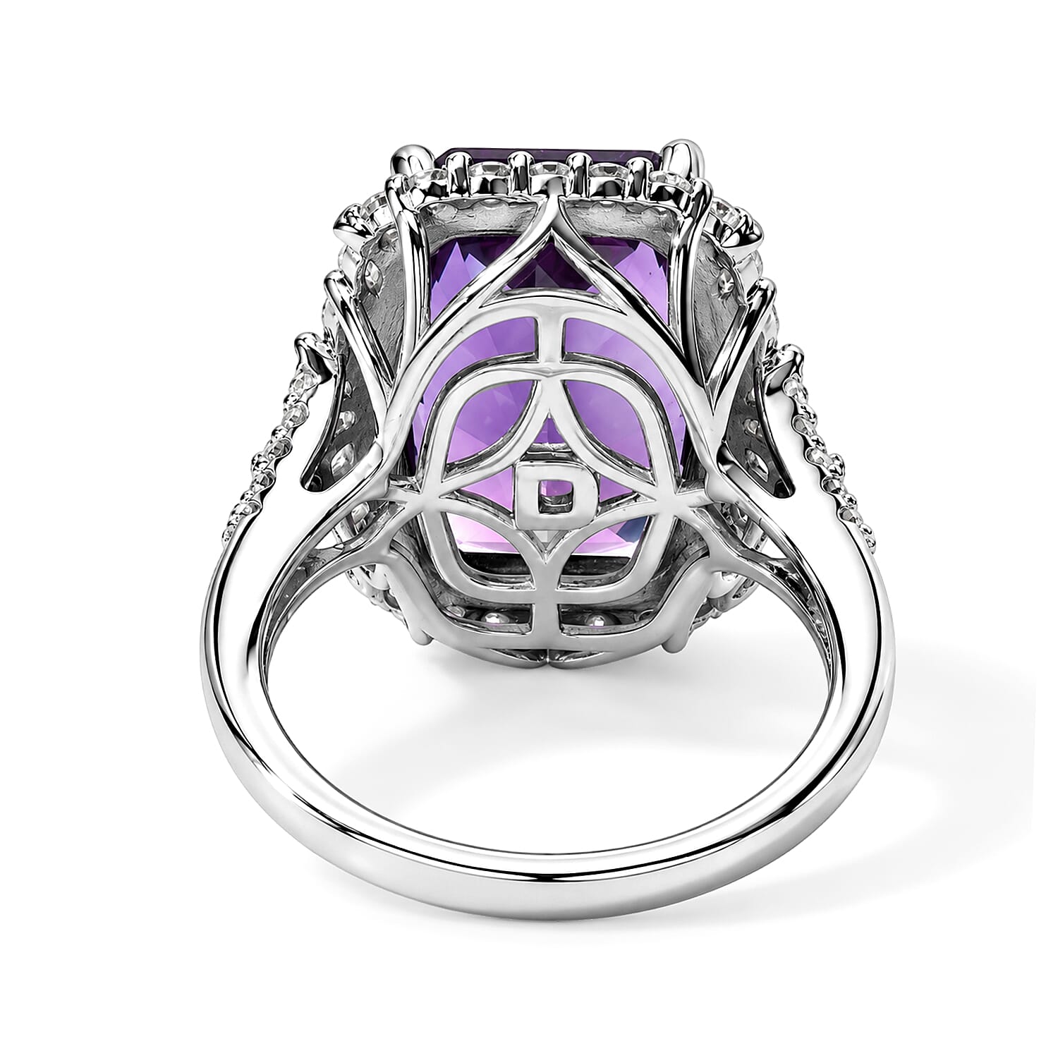 Certified & Appraised D'Joy Princess Cut Premium African Amethyst and Moissanite 9.25 ctw Ring in Rhodium Over Sterling Silver (Size 6.0)