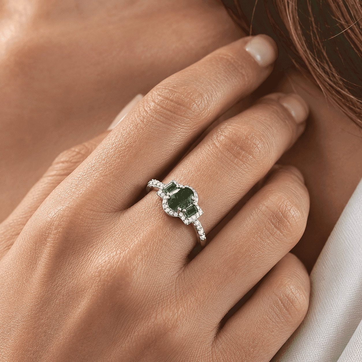 D'Joy Premium Tsavorite Garnet and Moissanite 1.30 ctw Botanical Halo Ring in Rhodium Over Sterling Silver (Size 5.0)