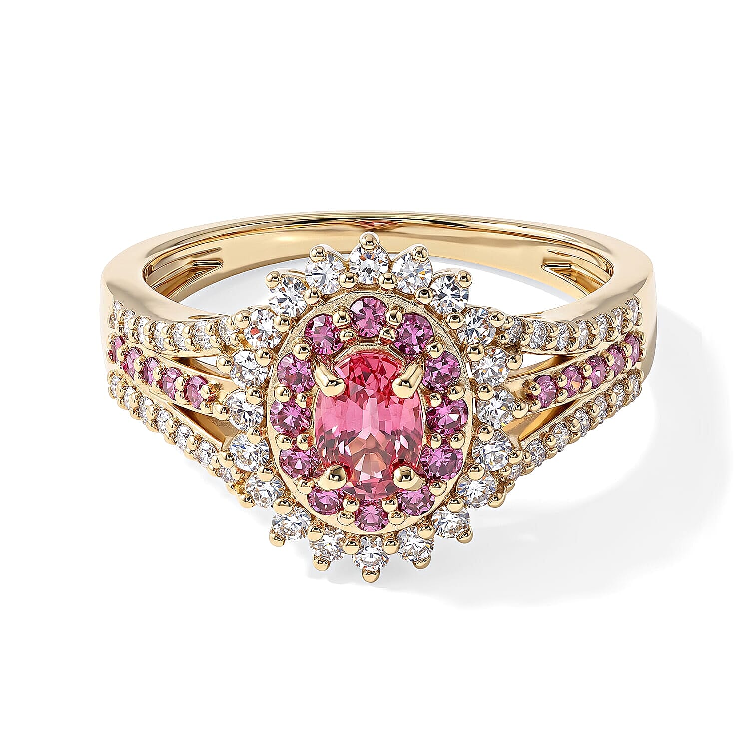 AAA Padparadscha Sapphire (BT), Luxuriant Lab Grown Pink Diamond (IR) and Lab Grown Diamond VS 1.40 ctw Empress Diadem Ring in 10K Yellow Gold (Size 5.0)