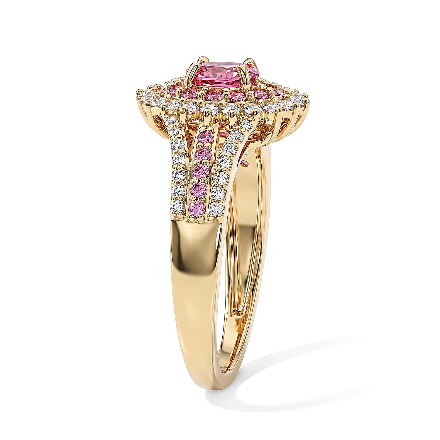 AAA Padparadscha Sapphire (BT), Luxuriant Lab Grown Pink Diamond (IR) and Lab Grown Diamond VS 1.40 ctw Empress Diadem Ring in 10K Yellow Gold (Size 5.0)