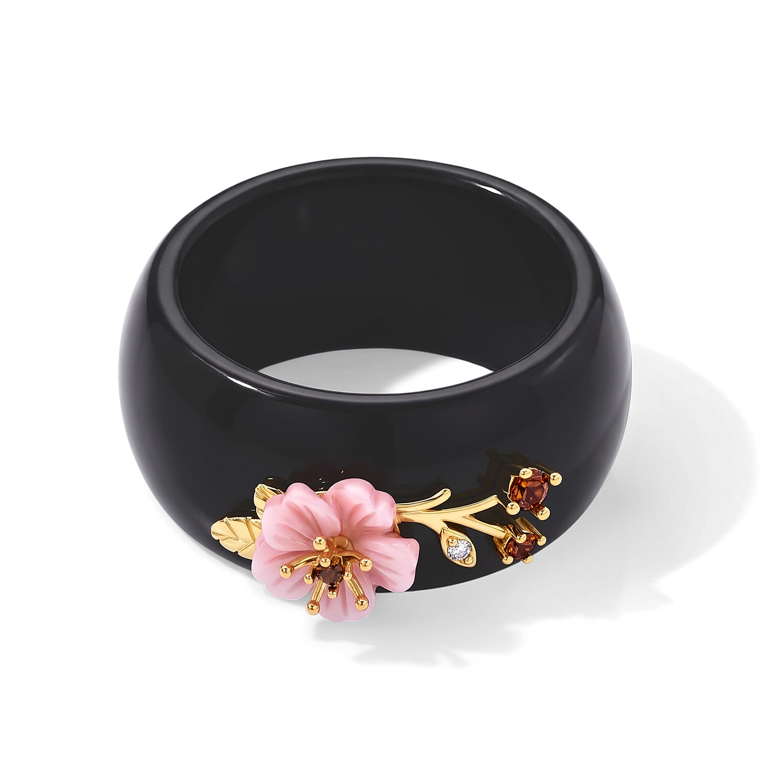 D'Joy Black Jade(D), Pink Mother Of Pearl Carved Flower and Multi Gemstone 33.10 ctw Ring in 18K YG Plated Sterling Silver (Size 10.0)
