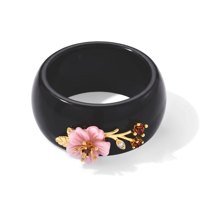 D'Joy Black Jade(D), Pink Mother Of Pearl Carved Flower and Multi Gemstone 33.10 ctw Ring in 18K YG Plated Sterling Silver (Size 10.0)