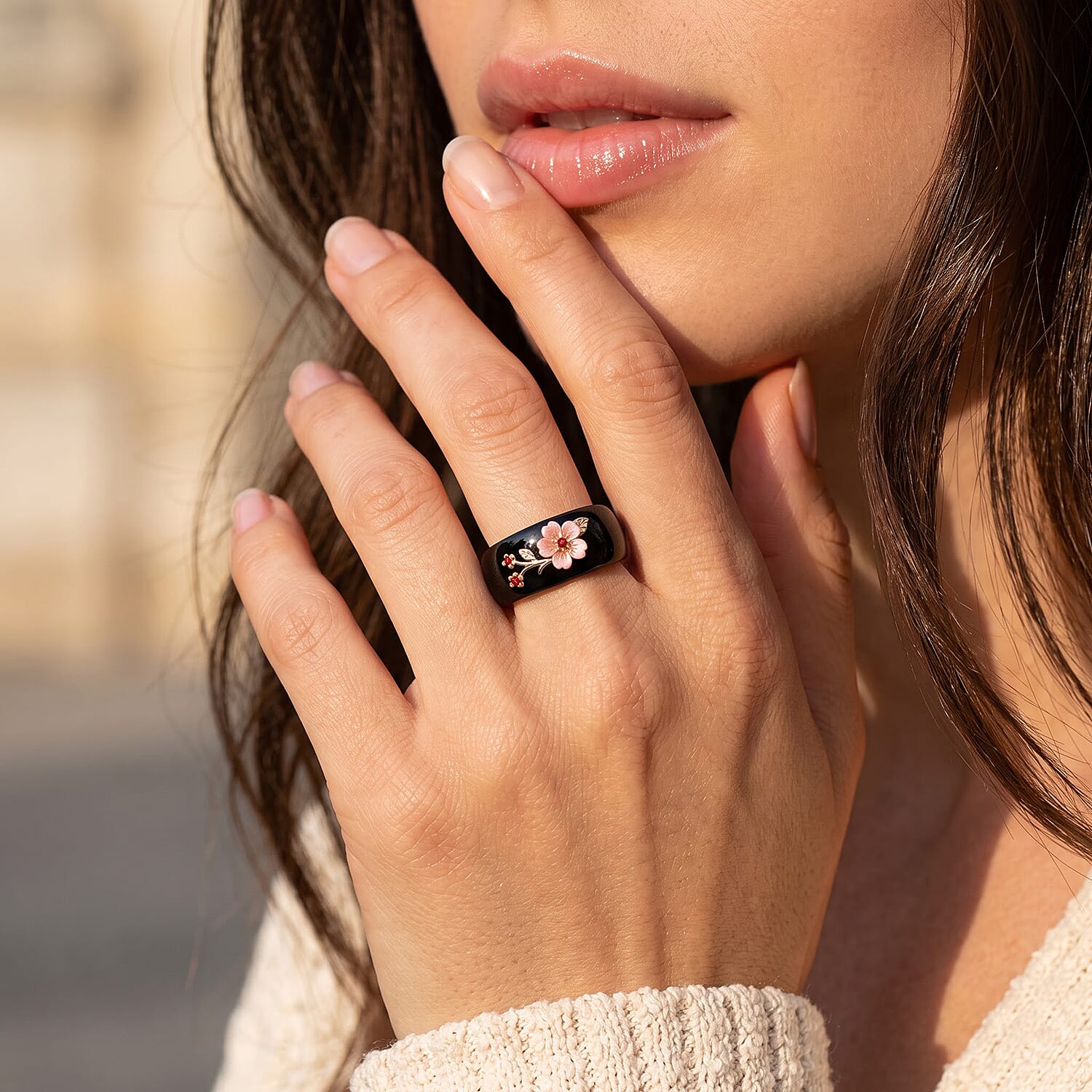 D'Joy Black Jade(D), Pink Mother Of Pearl Carved Flower and Multi Gemstone 33.10 ctw Ring in 18K YG Plated Sterling Silver (Size 10.0)