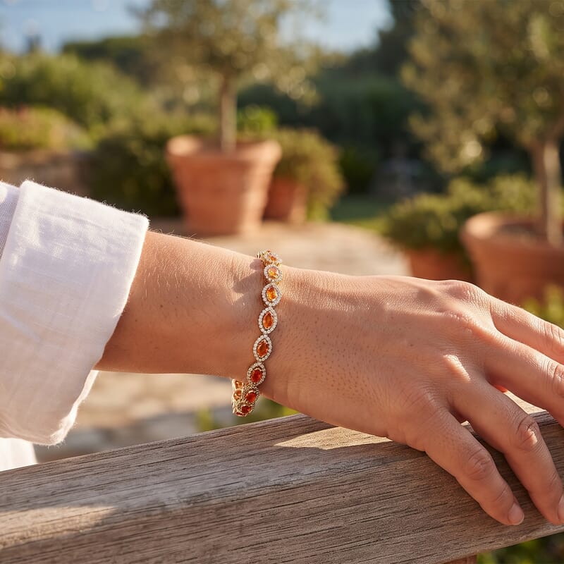 D'Joy AAA Crimson Fire Opal and Moissanite 2.65 ctw Blazing Eye Bracelet in 18K Vermeil Yellow Gold Over Sterling Silver (6.50 In)