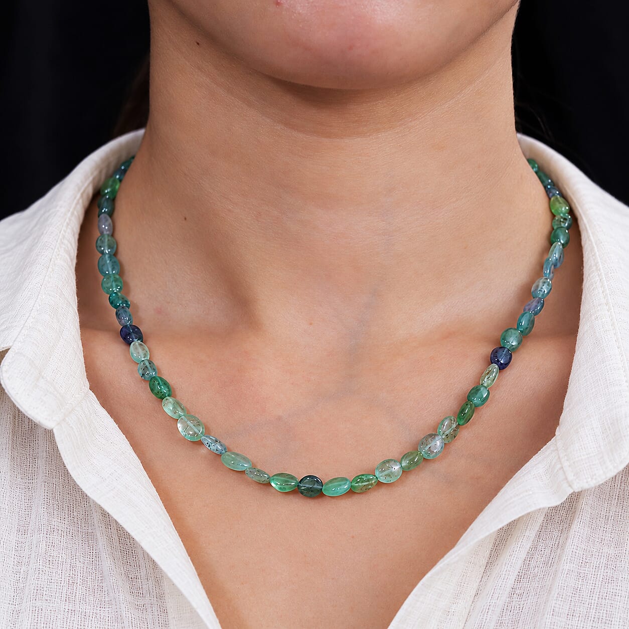 D'Joy Premium Kornerupine 70.00 ctw Beaded Graduated Necklace (18-20 Inches) in Rhodium Over Sterling Silver