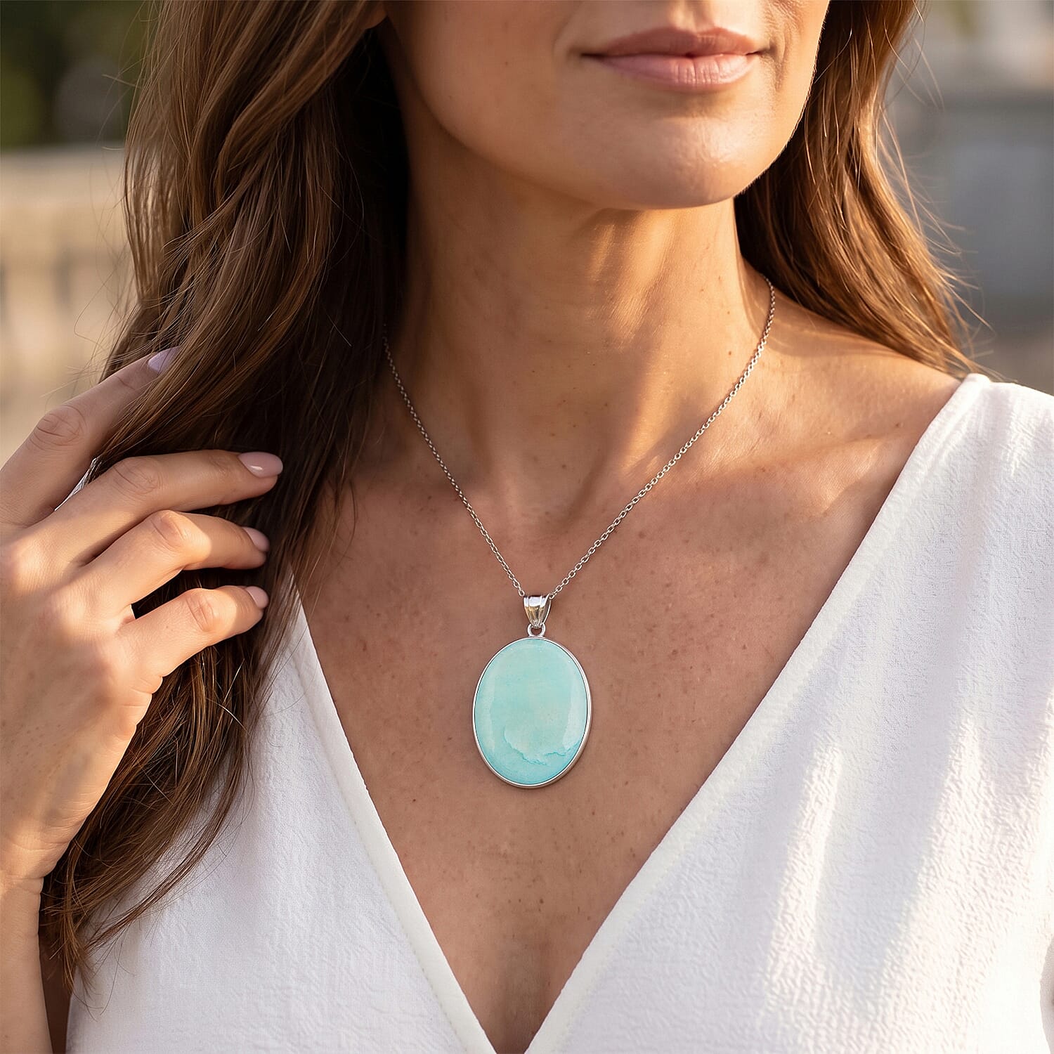 Amazonite 50.00 ctw Oval Pendant Without Chain in Silvertone