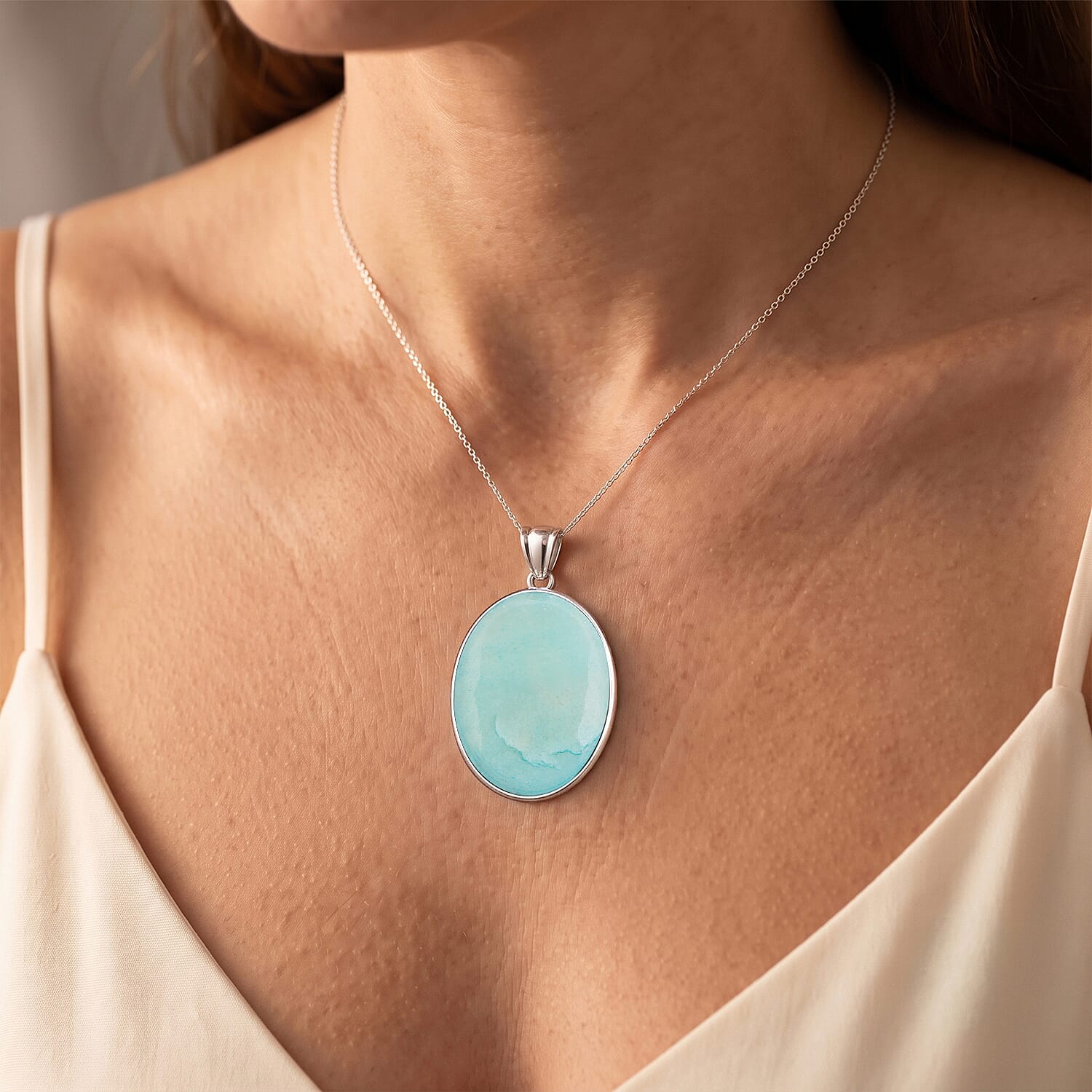 Amazonite 50.00 ctw Oval Pendant Without Chain in Silvertone