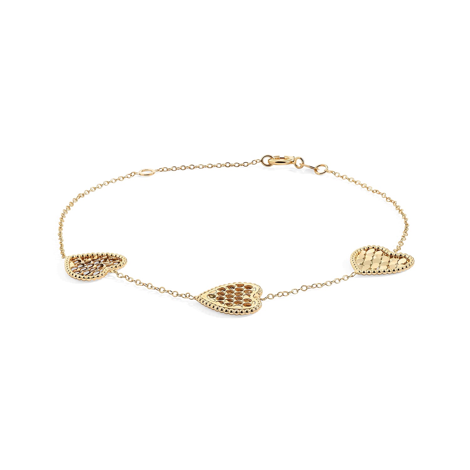 Italian 1MM Golden Honeycomb Triple Heart Bracelet in 10K Yellow Gold (7-8In) 1.65 Grams