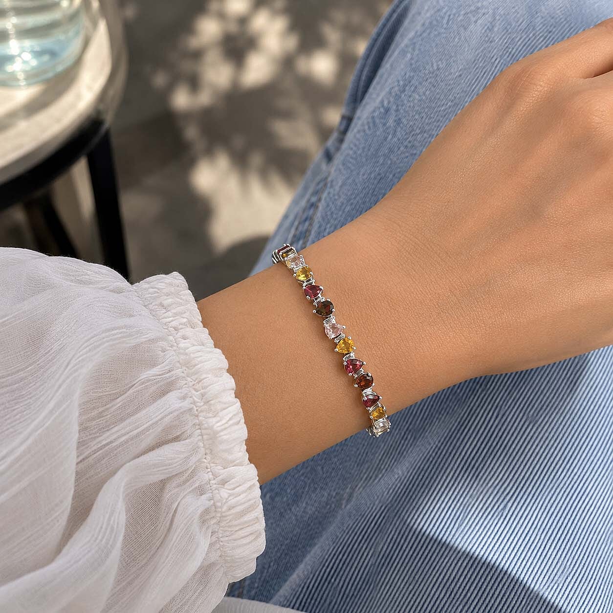 D'Joy Premium Multi-Tourmaline and Moissanite 6.70 ctw Bracelet in Rhodium Over Sterling Silver (7.25 In)