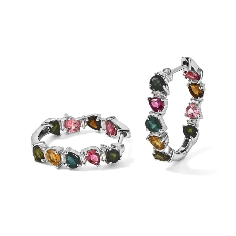 D'Joy Premium Multi-Tourmaline and Moissanite 3.30 ctw Hoop Earrings in Rhodium Over Sterling Silver