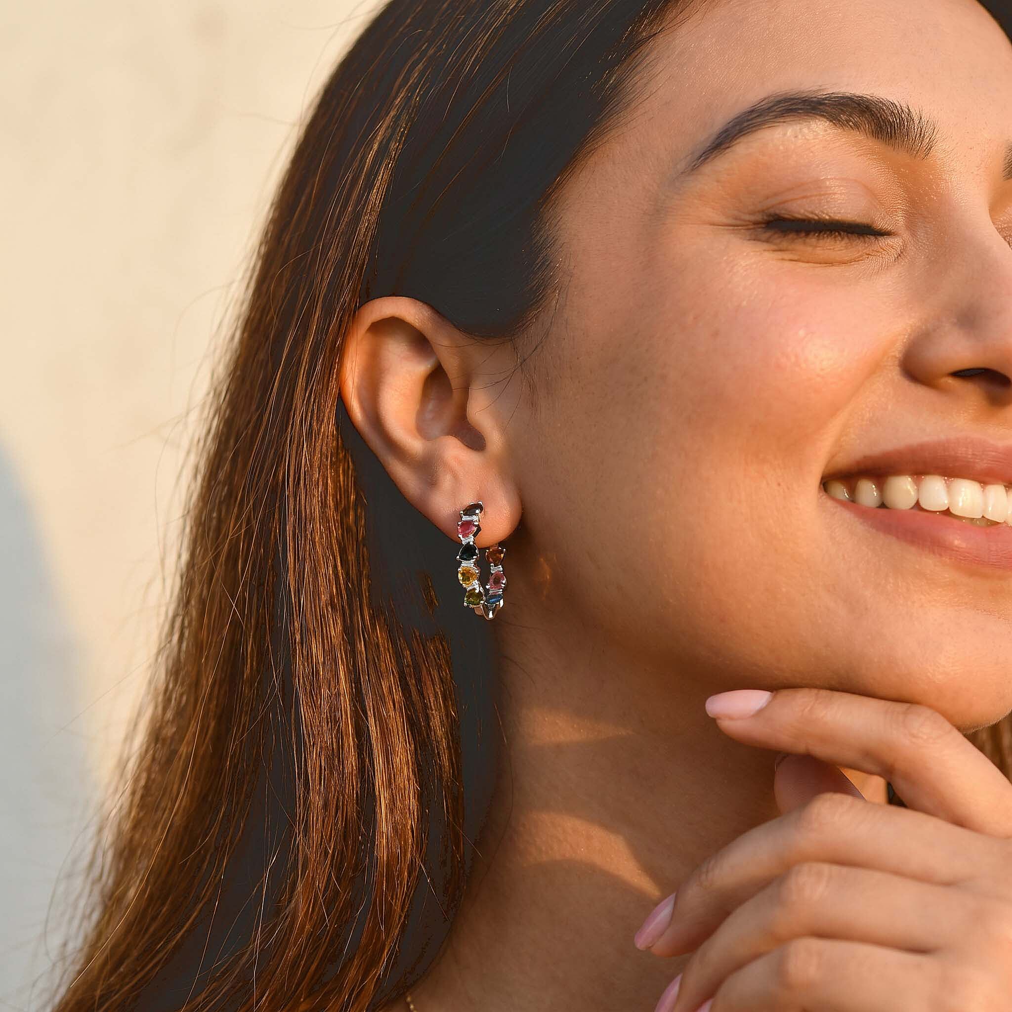 D'Joy Premium Multi-Tourmaline and Moissanite 3.30 ctw Hoop Earrings in Rhodium Over Sterling Silver