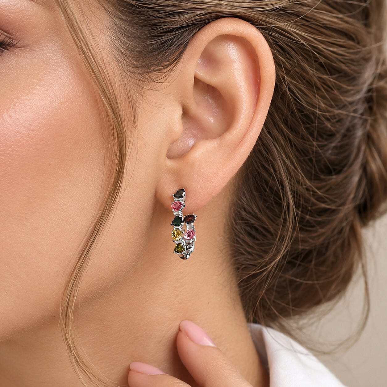 D'Joy Premium Multi-Tourmaline and Moissanite 3.30 ctw Hoop Earrings in Rhodium Over Sterling Silver