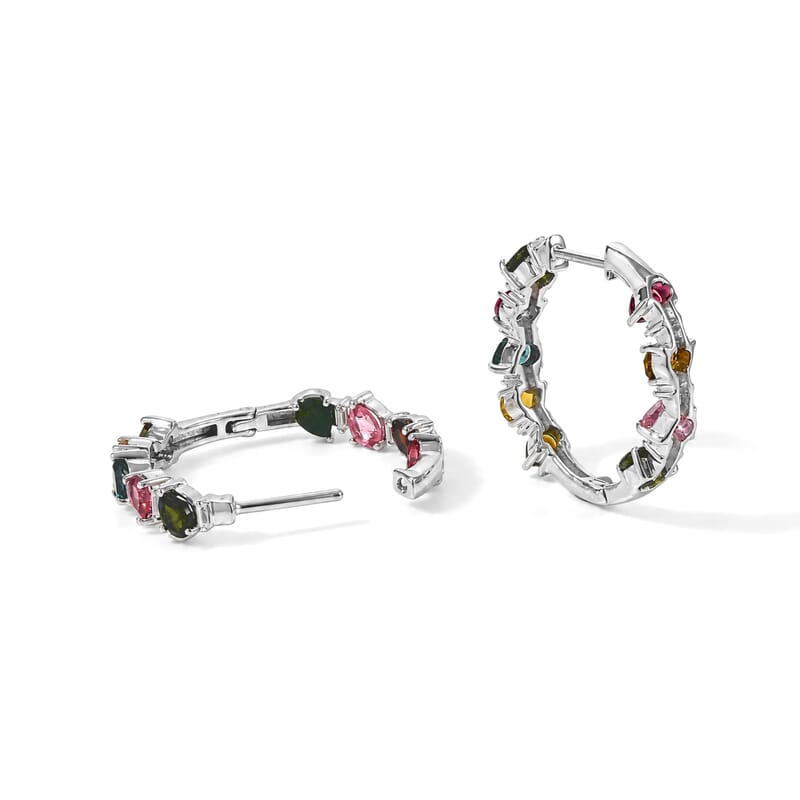D'Joy Premium Multi-Tourmaline and Moissanite 3.30 ctw Hoop Earrings in Rhodium Over Sterling Silver