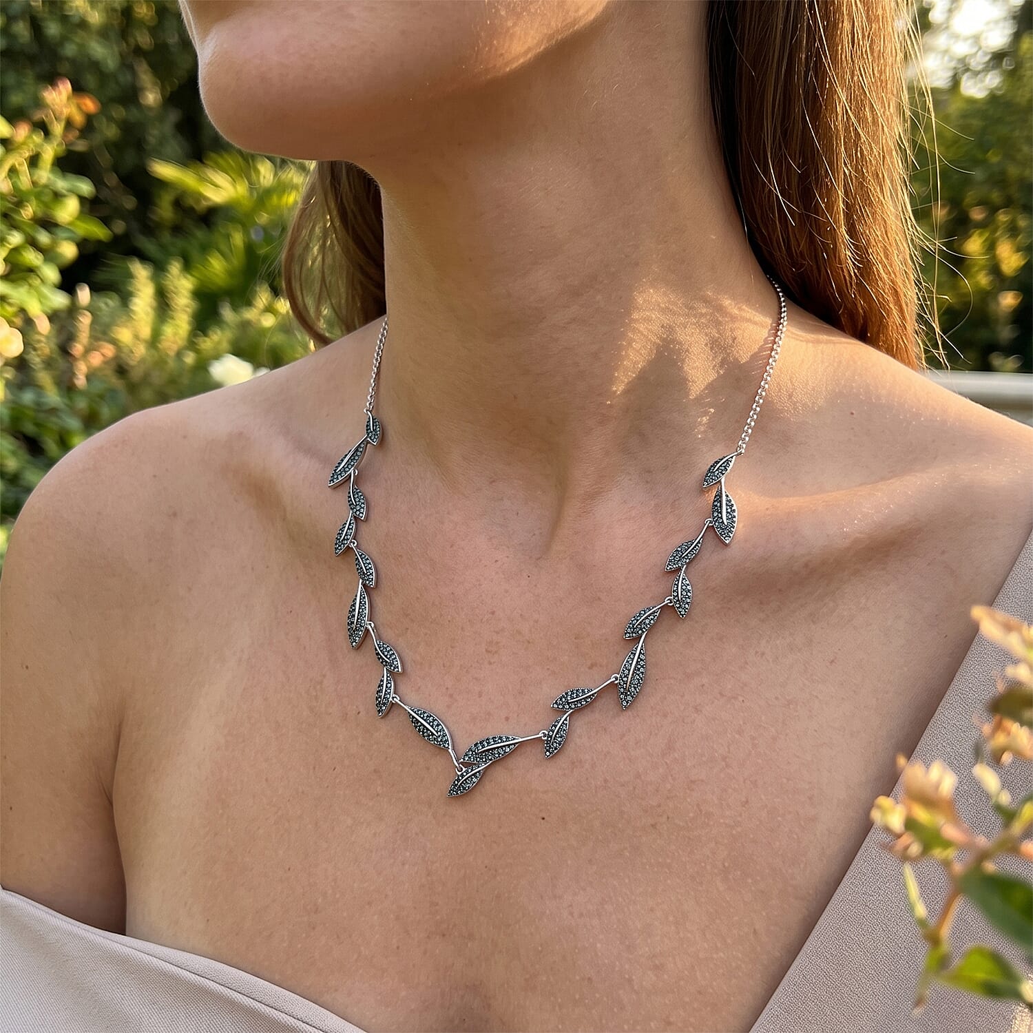 Luxuriant Lab Grown Green Diamond (IR) SI 4.00 ctw Leaf Vine Necklace in Rhodium Over Sterling Silver 18-20 Inches