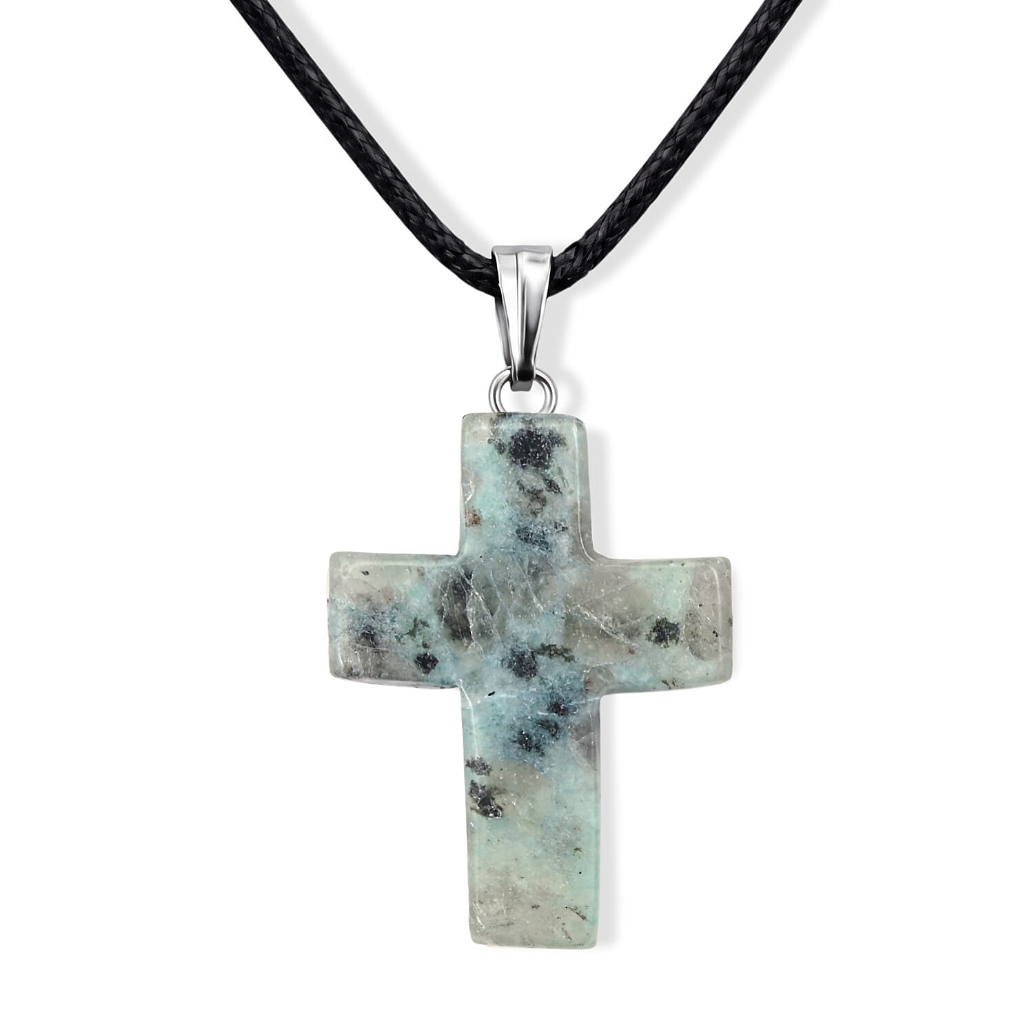 Aqua Quartz 18.00 ctw Cross Pendant with Rope Cord Necklace in Silvertone (24-30 Inches)