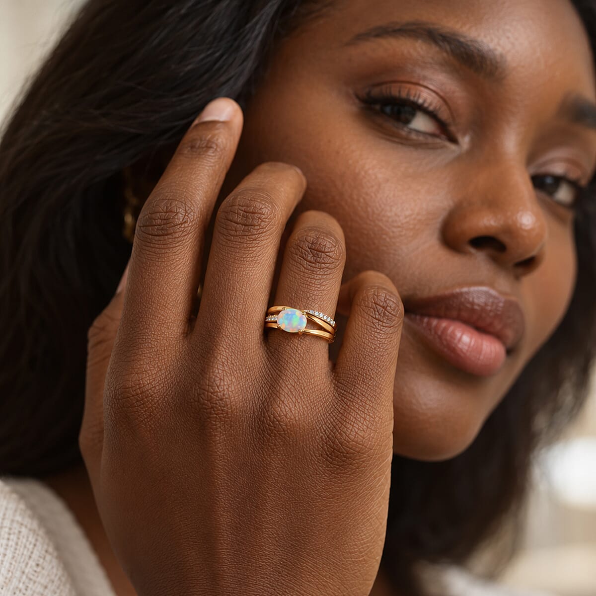 D'Joy Premium Ethiopian Welo Opal and White Zircon 1.00 ctw Ring in 18K YG Plated Sterling Silver (Size 5.0)