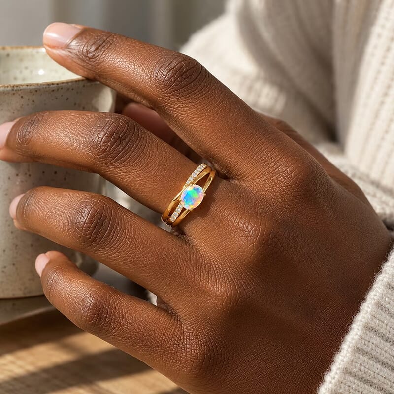 D'Joy Premium Ethiopian Welo Opal and White Zircon 1.00 ctw Ring in 18K YG Plated Sterling Silver (Size 5.0)