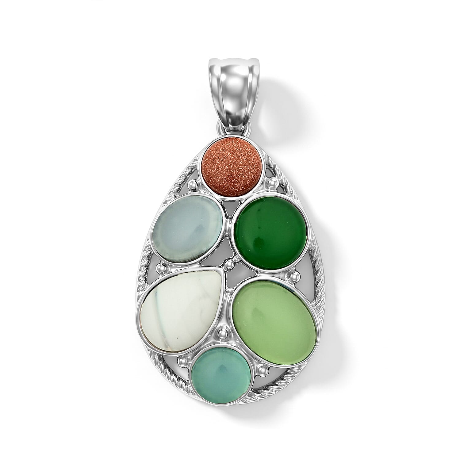 Prehnite and Multi Gemstone 23.50 ctw Pendant without Chain in Silvertone