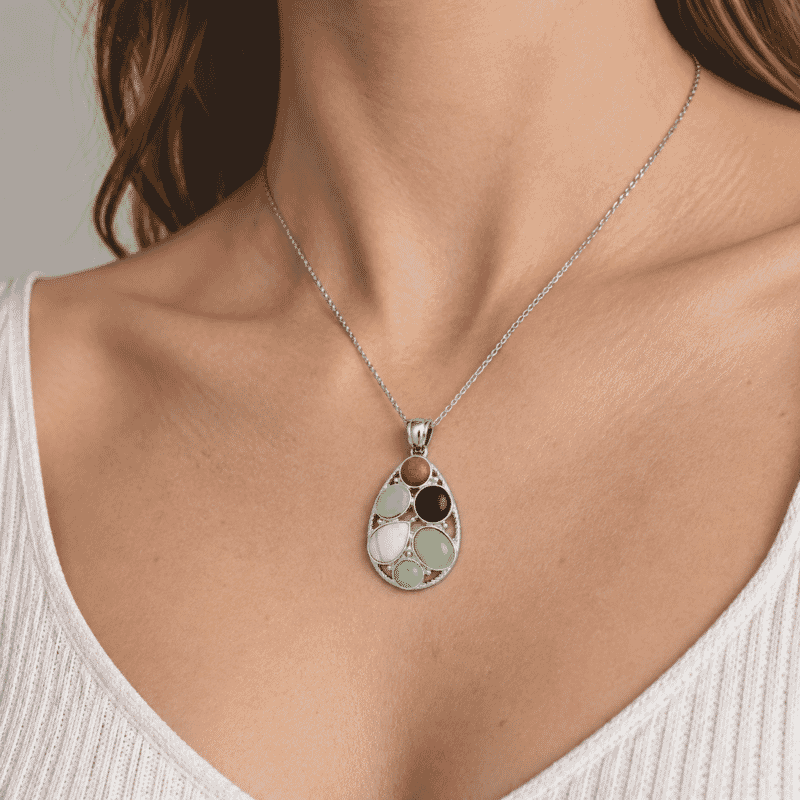Prehnite and Multi Gemstone 23.50 ctw Pendant without Chain in Silvertone