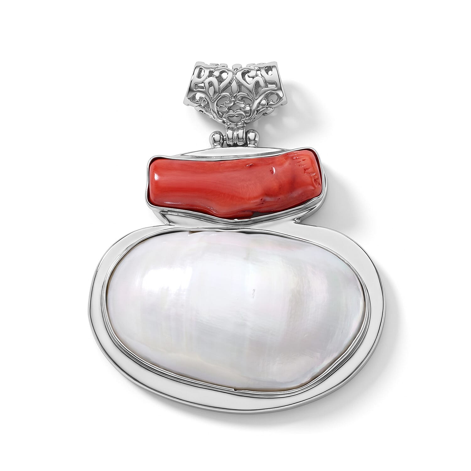 Shell and Red Coral Pendant without Chain in Silvertone
