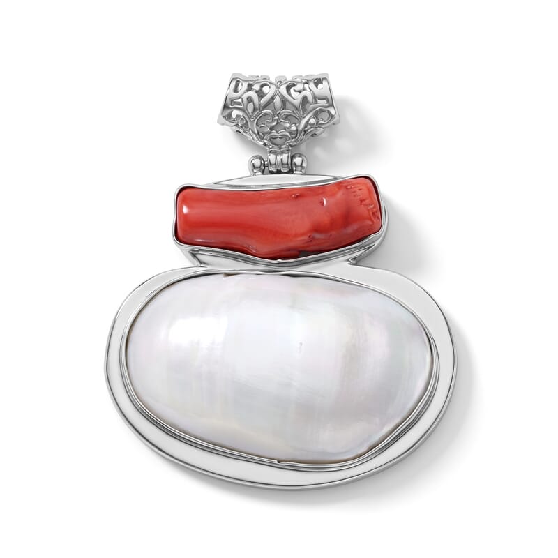 Shell and Red Coral Pendant without Chain in Silvertone