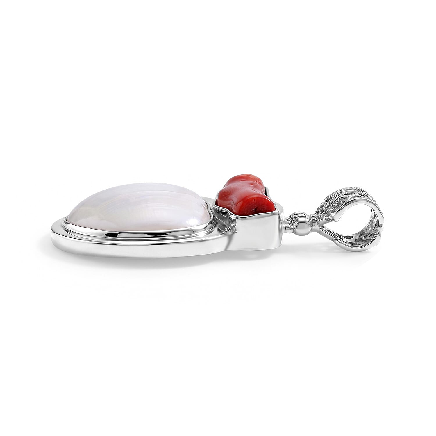 Shell and Red Coral Pendant without Chain in Silvertone