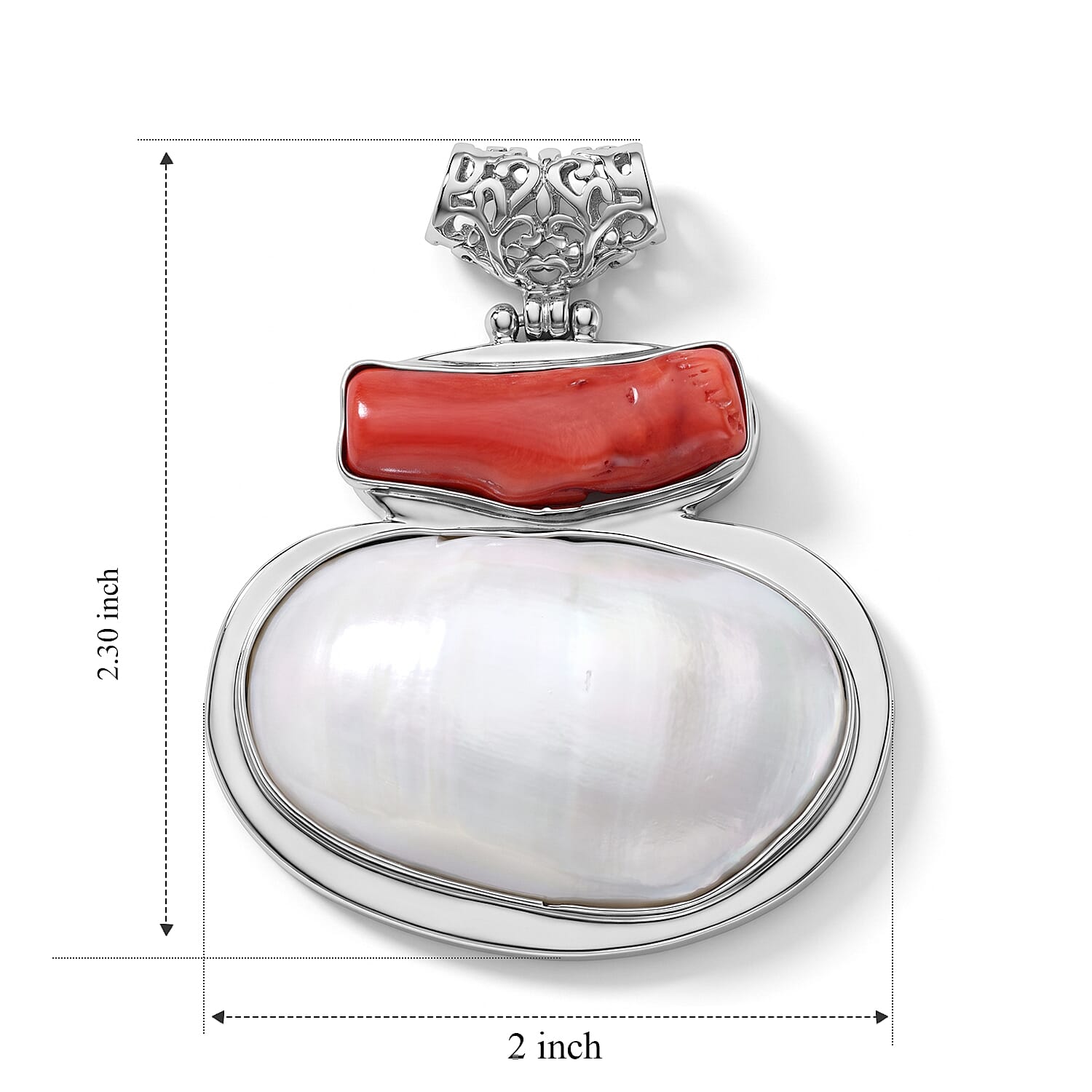 Shell and Red Coral Pendant without Chain in Silvertone