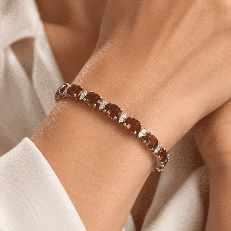 D'Joy Premium Red Citrine and Moissanite 32.60 ctw Bracelet in Rhodium Over Sterling Silver (7.25 In)