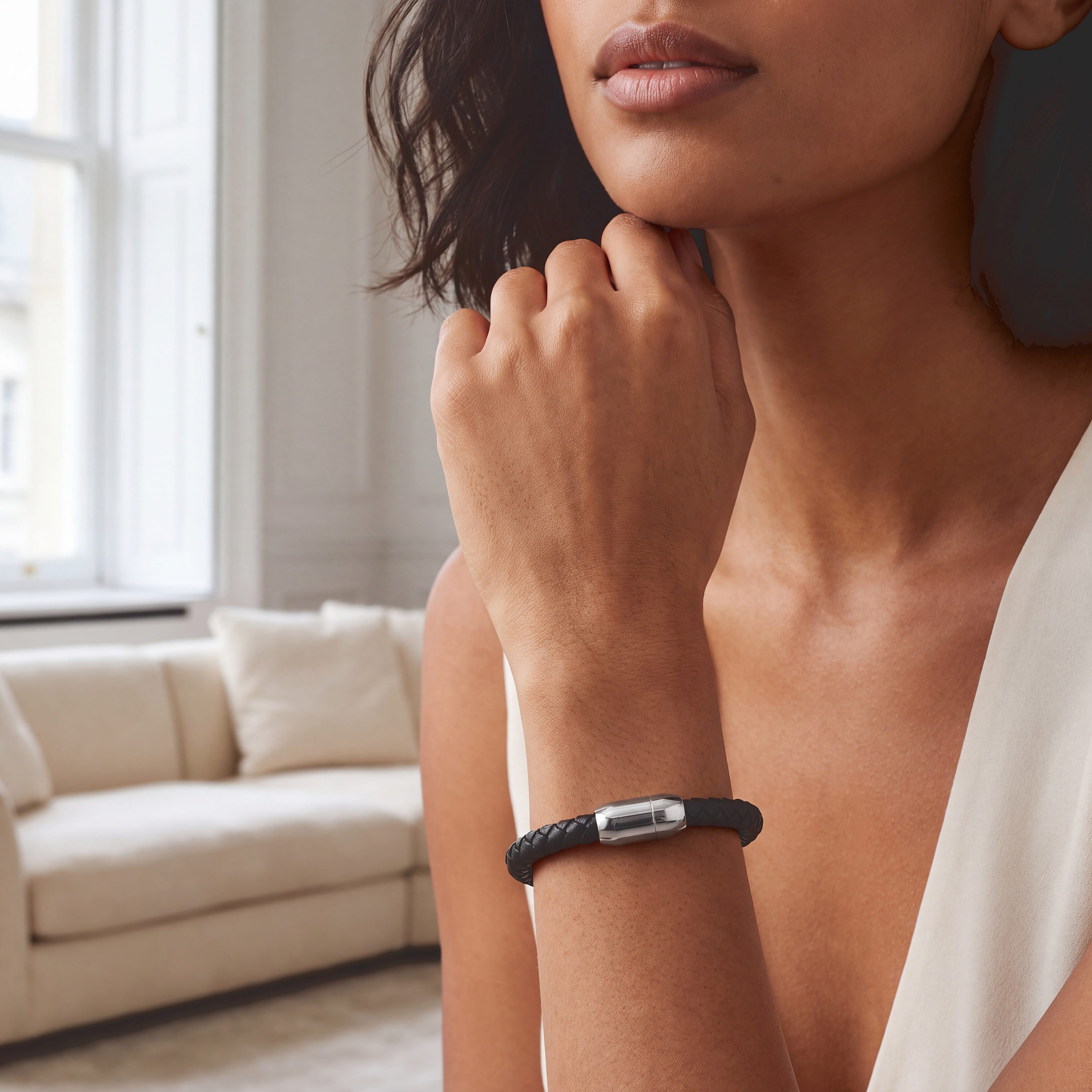 Magnetic Lock Black Leather Bracelet in Silvertone (7.00 In)