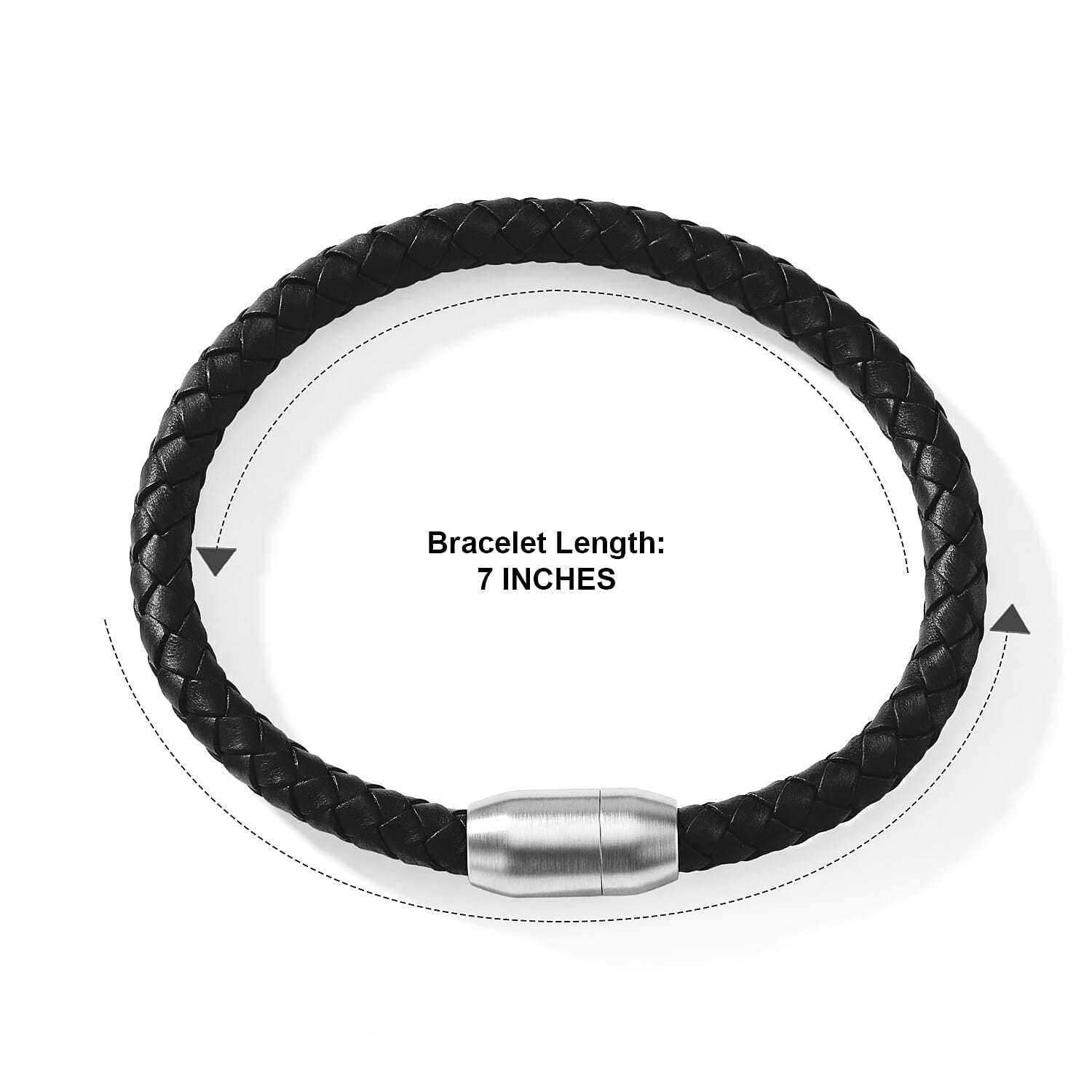 Magnetic Lock Black Leather Bracelet in Silvertone (7.00 In)