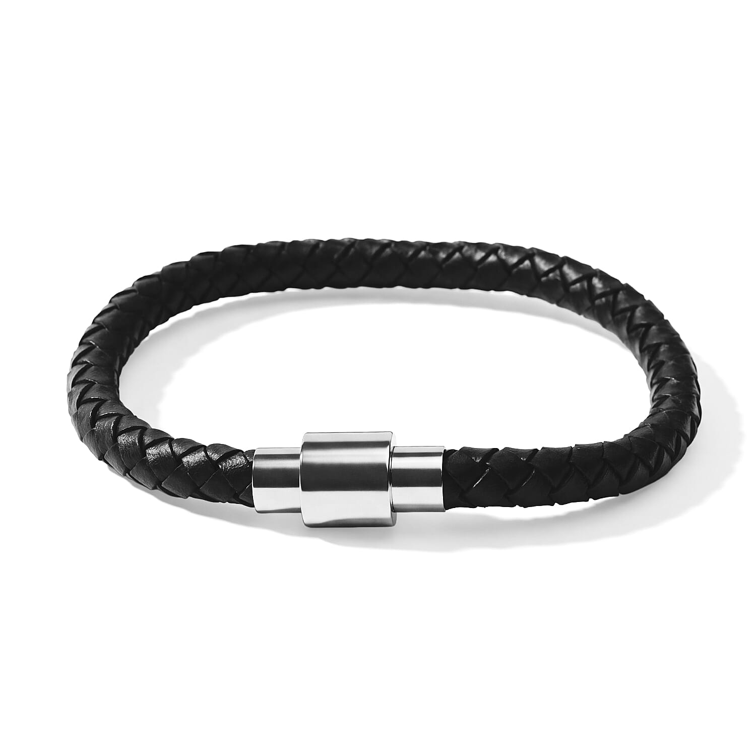 Magnetic Lock Black Leather Bracelet in Silvertone (7.00 In)