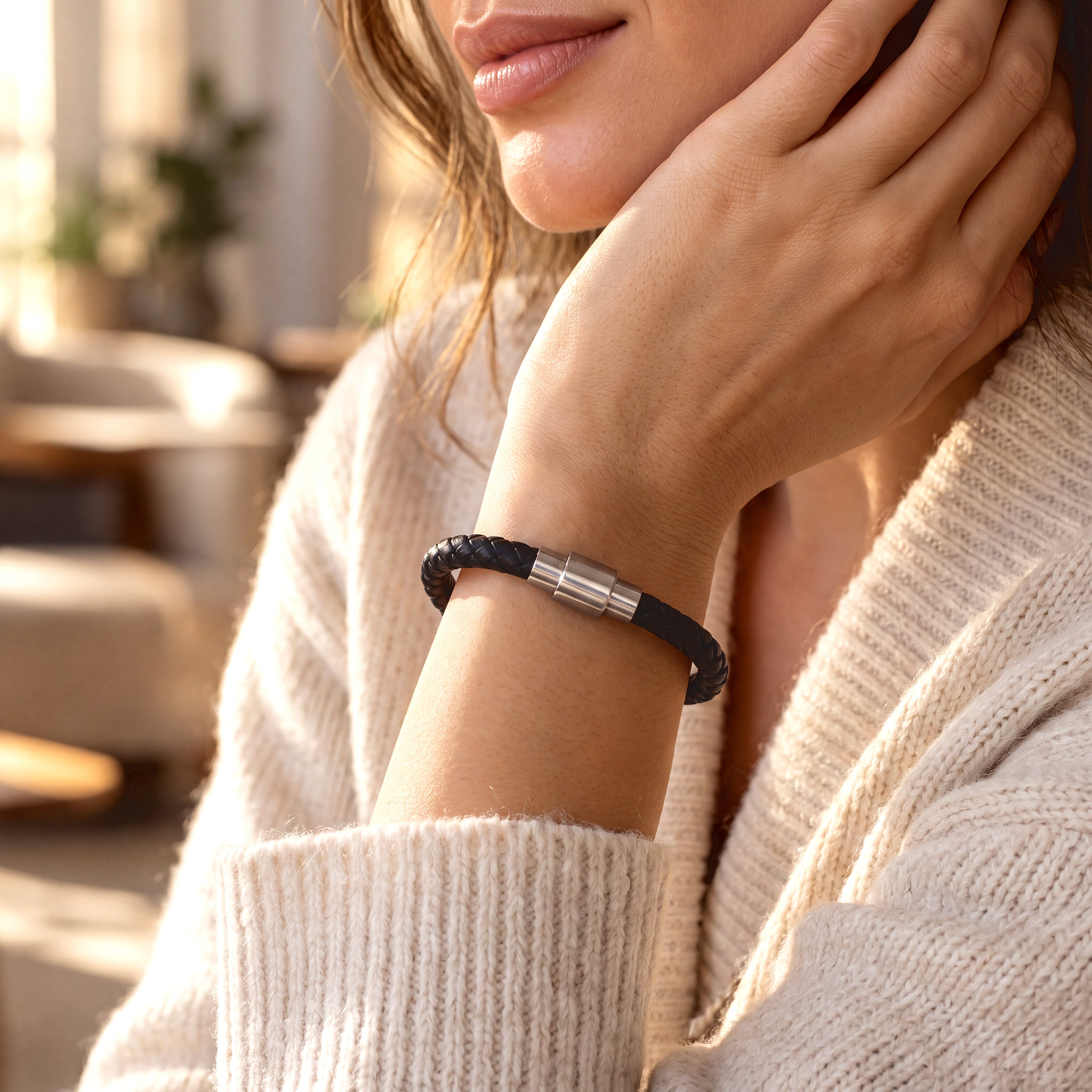 Magnetic Lock Black Leather Bracelet in Silvertone (7.00 In)