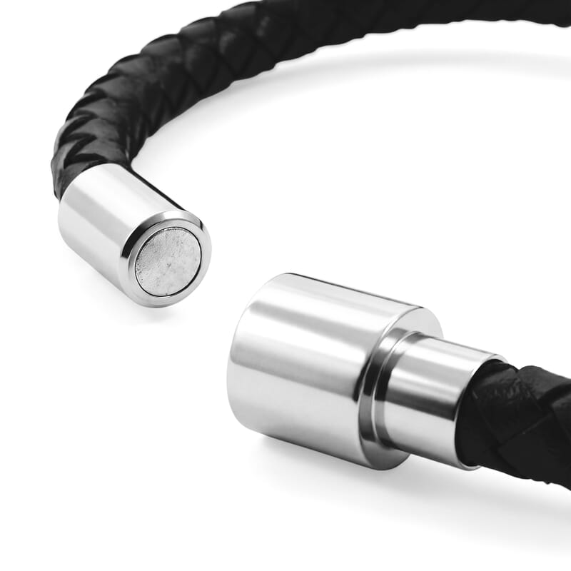 Magnetic Lock Black Leather Bracelet in Silvertone (7.00 In)